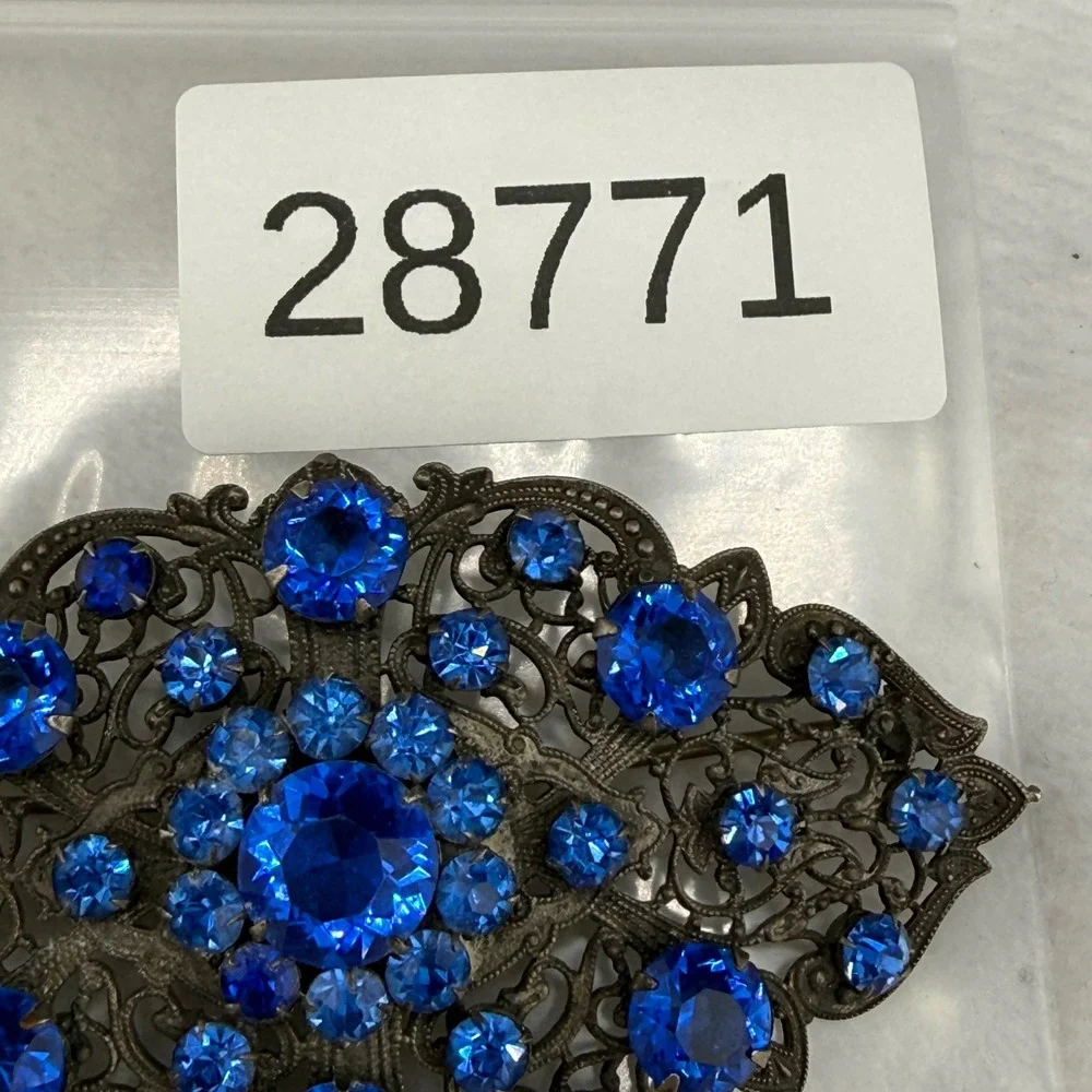 Vintage Brooch Blue Rhinestone Filigree Silver Tone
